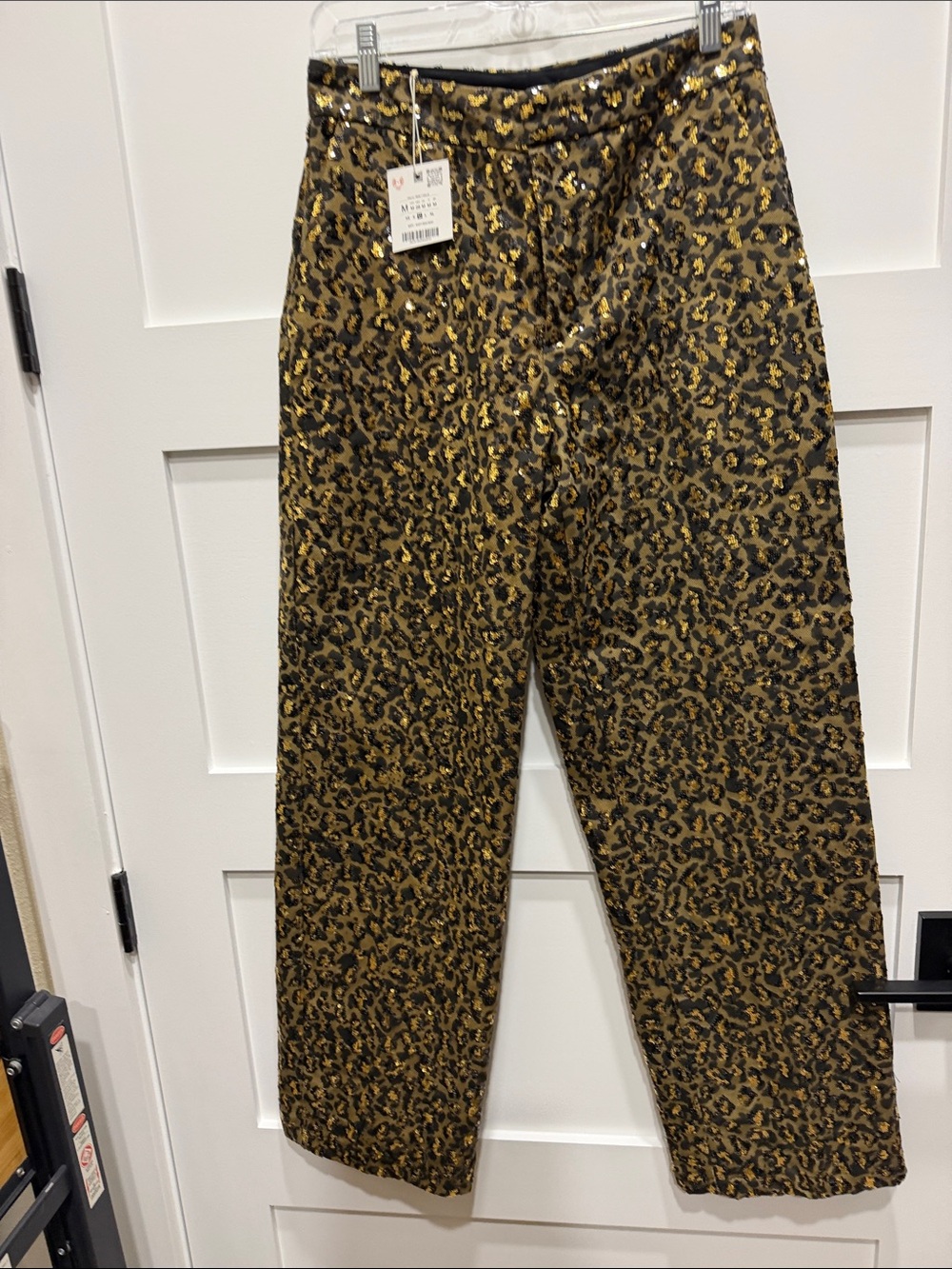 Zara Gold and Black Leopard Sequin Straight-Leg Pants